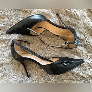 Cole Haan Black Leather Pointed Toe Fringe Mary Jane Heels